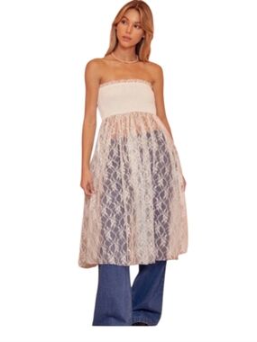 Idem Ditto Smocked Lace Sheer Strapless Tube Dress Size S White Stretch Fairy